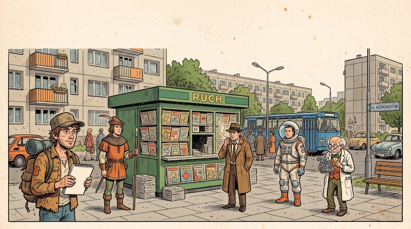 Komiksy PRL – kiosk Ruchu i bohaterowie inspirowani polskimi komiksami z lat 70. i 80.